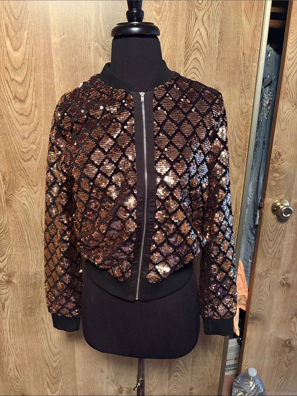Sequin Diamond-Pattern Jacket - Bronze/Black